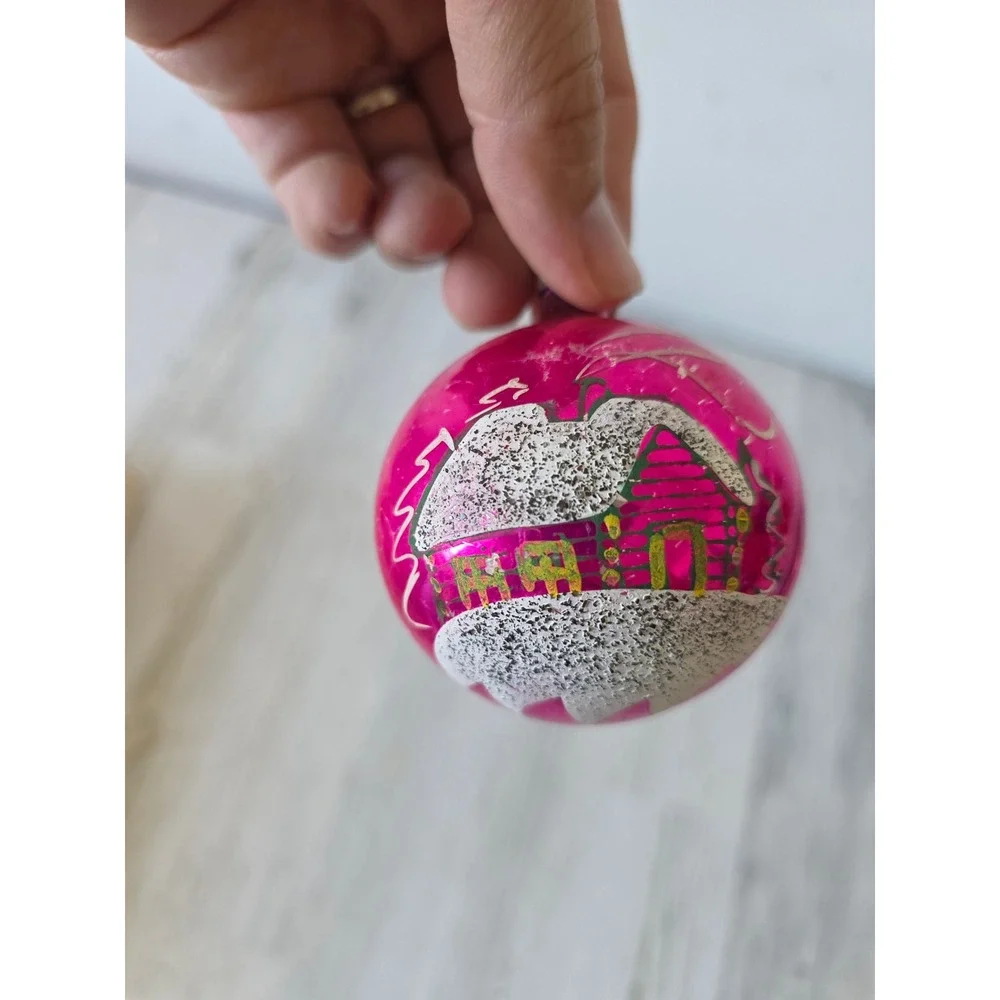 Vintage Poland cabin stencil mica ornament pink glass Xmas tree